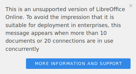 Schermafbeelding met een waarschuwing over een niet-ondersteunde versie van LibreOffice Online
